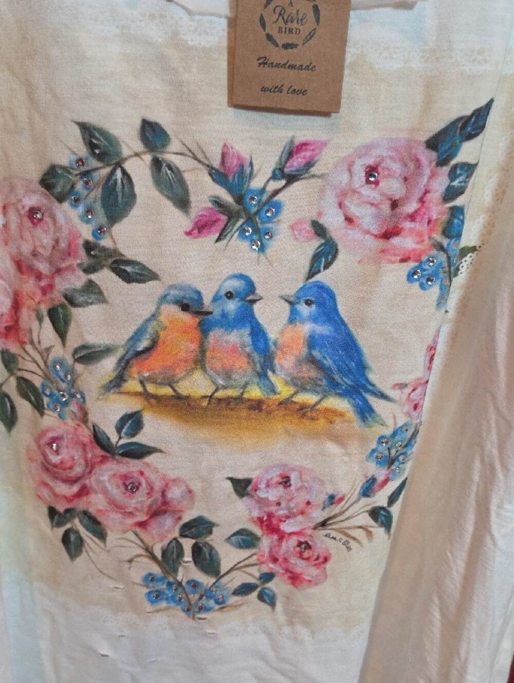198p A Rare Bird 3 Blue Birds White Floral & Bird Graphic - Picture 4 of 13
